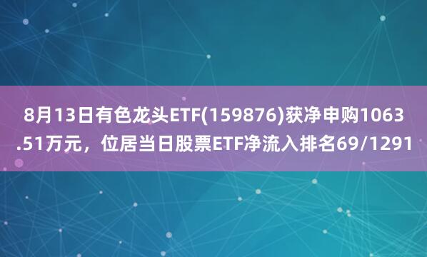 8月13日有色龙头ETF(159876)获净申购1063.51万元，位居当日股票ETF净流入排名69/1291
